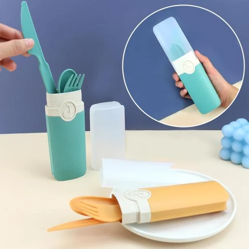 Zoom sur Couverts portables, set plastique réutilisable, voyage, camping
