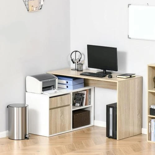 Détail de HOMCOM Bureau angle informatique, rangement, chêne clair