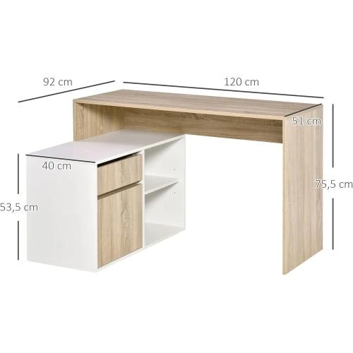 Zoom sur HOMCOM Bureau angle informatique, rangement, chêne clair