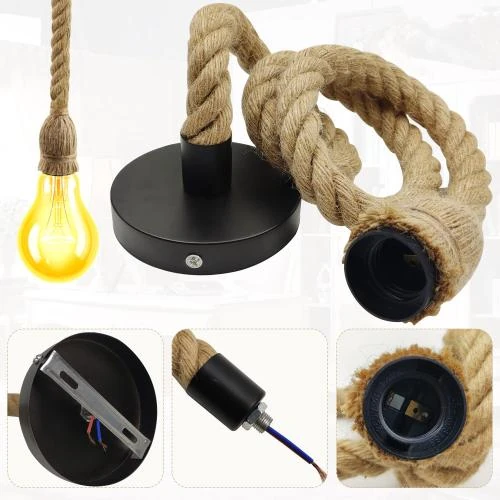 Zoom sur Lustre rétro E27, suspension corde chanvre, luminaire bar
