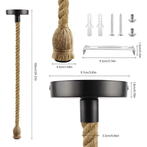 Détail de Lustre rétro E27, suspension corde chanvre, luminaire bar