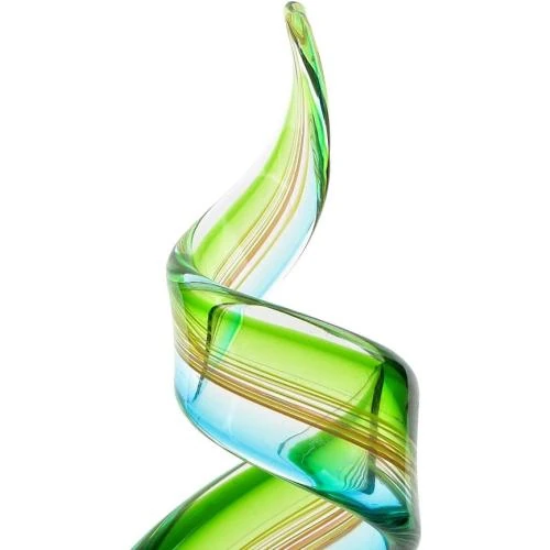Zoom sur Sculpture en verre design, touches bleu, vert, qualité unique