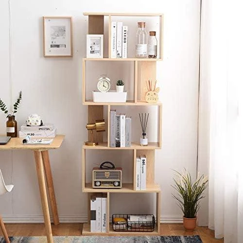Détail de Bibliothèque Moderne Bois 5 Niveaux, Étagère Beige Décor Salon Bureau