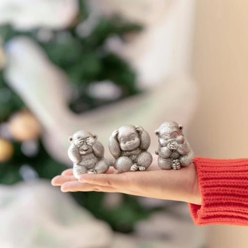 Zoom sur Statue singes sages TOHLUCS, décoration argent, chance