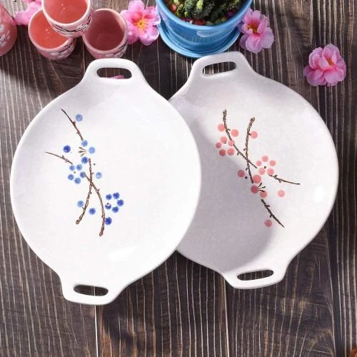 Zoom sur Assiettes japonaises céramique peintes à la main, rouges, bleues