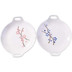 Assiettes japonaises céramique peintes à la main, rouges, bleues