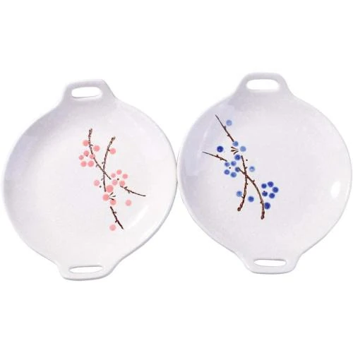 Assiettes japonaises céramique peintes à la main, rouges, bleues - Vue principale