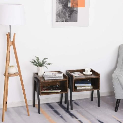 Détail de Tables de Chevet Empilables Bois Style Industriel Marron Noir