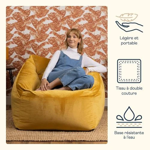 Zoom sur Fauteuil Pouf Natalia Jaune, Velours Salon Confortable