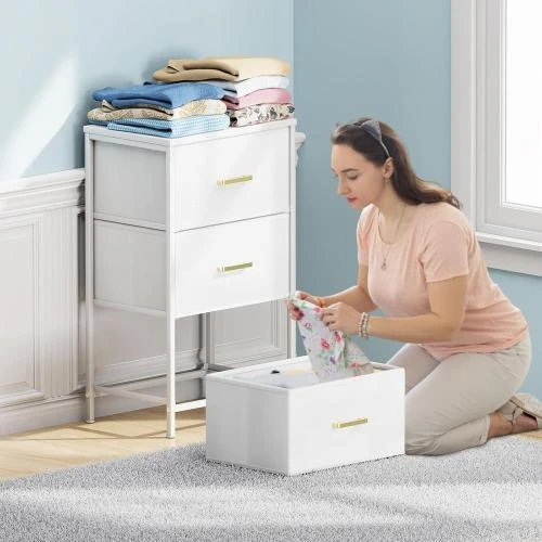Détail de Commode Tissu 3 Tiroirs, Table Chevet Blanc, Rangement