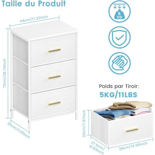 Présentation de Zoom sur Commode Tissu 3 Tiroirs, Table Chevet Blanc, Rangement