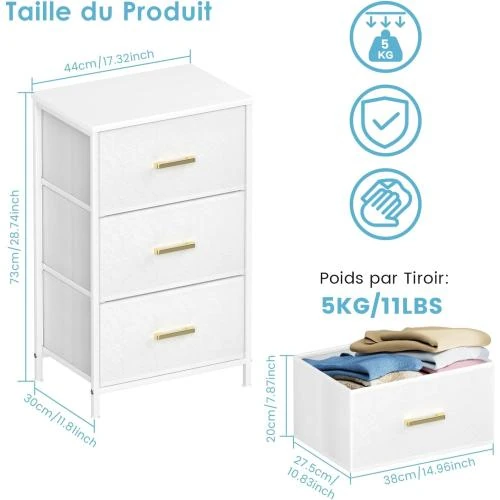 Zoom sur Commode Tissu 3 Tiroirs, Table Chevet Blanc, Rangement