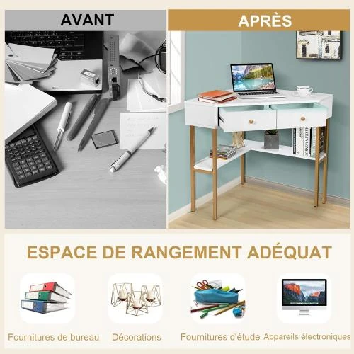 Zoom sur COSTWAY Table Bureau Angle 39, 2 Tiroirs, Rangement Noir