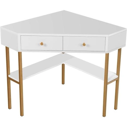 COSTWAY Table Bureau Angle 39, 2 Tiroirs, Rangement Noir - Vue principale