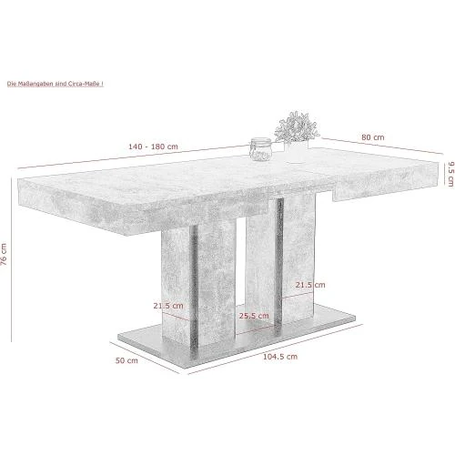 Détail de Table à Manger Extensible Apollo, Aspect Béton, 2 Colonnes