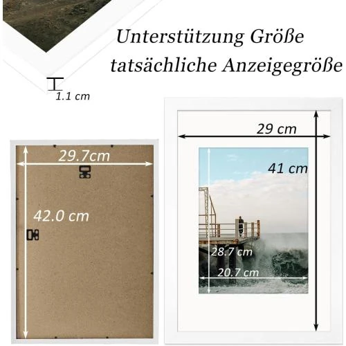 Zoom sur Cadre photo A4 bois massif, plexiglas, blanc