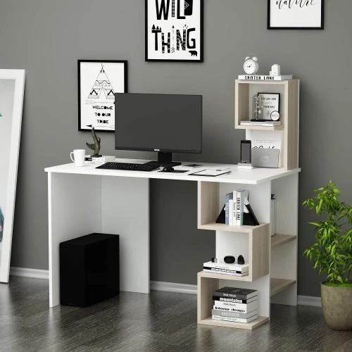 Détail de Bureau Homidea Deroni, Table Ordinateur, Étagère Moderne, Blanc