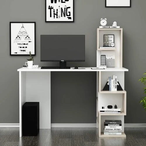 Zoom sur Bureau Homidea Deroni, Table Ordinateur, Étagère Moderne, Blanc