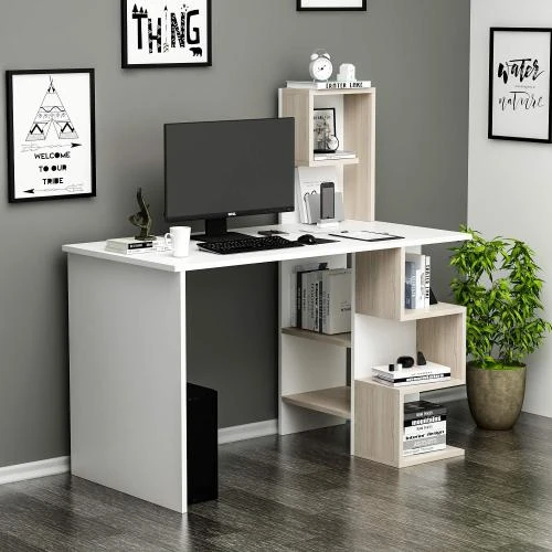 Bureau Homidea Deroni, Table Ordinateur, Étagère Moderne, Blanc - Vue principale