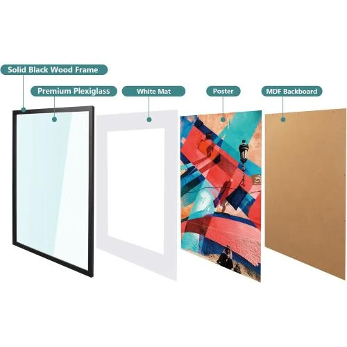 Zoom sur Cadre photo bois noir, plexiglas poli, montage mural