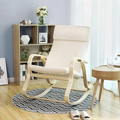 Détail de Fauteuil Bascule Bois Bouleau, Chaise Bercante Oreiller, Housse Coton Beige