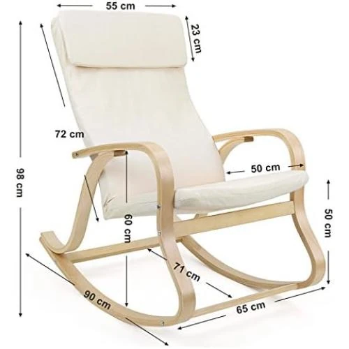 Zoom sur Fauteuil Bascule Bois Bouleau, Chaise Bercante Oreiller, Housse Coton Beige