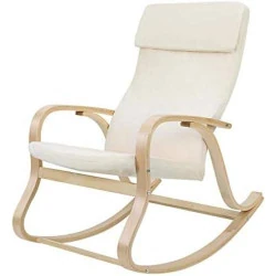 Fauteuil Bascule Bois Bouleau, Chaise Bercante Oreiller, Housse Coton Beige