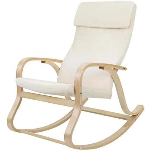 Fauteuil Bascule Bois Bouleau, Chaise Bercante Oreiller, Housse Coton Beige - Vue principale
