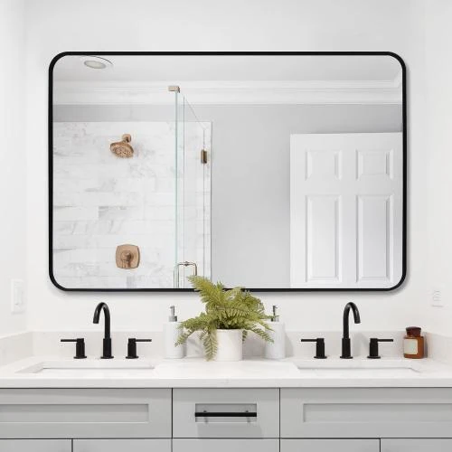 Miroir mural à langer salle de bain, cadre noir moderne - Vue principale