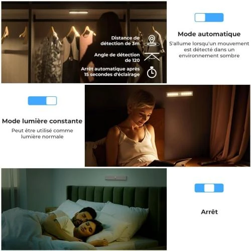Zoom sur Lampe Placard Sans Fil, Détecteur Mouvement, 2pcs, USB