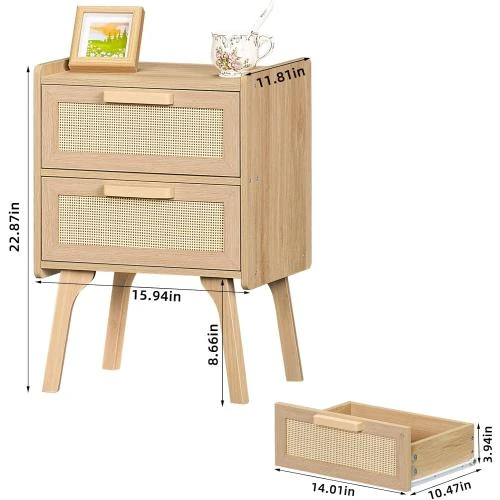 Zoom sur Table de nuit rotin, 2 tiroirs, style bohème naturel