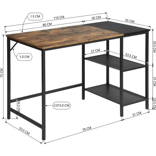 Zoom sur Bureau ordinateur Homy Casa, étagère, gain de place, noir, marron