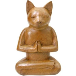 Sculpture Suar Chat Marron Méditation, Art Animalier