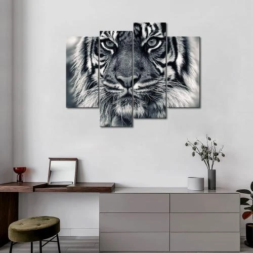 Zoom sur First Wall Art, Peinture Murale Tigre Noir Blanc