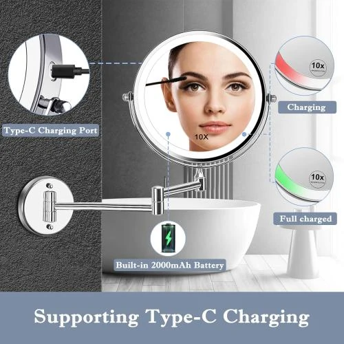 Détail de Miroir Maquillage Mural ACOLAR, Rechargeable, Lumière LED