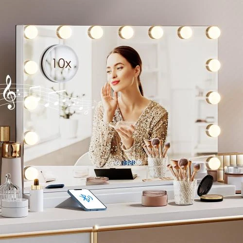Zoom sur Miroir Maquillage Lumineux Bluetooth, 15 LED, 3 Couleurs
