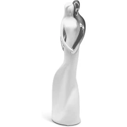 Sculpture Couple Amoureux, Céramique Blanc Argent, Décoration Moderne