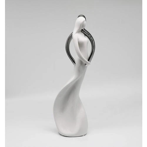Zoom sur Sculpture Couple Amoureux, Céramique Blanc Argent, Décoration Moderne