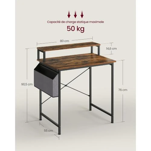 Zoom sur Bureau VASAGLE, Table Ordinateur, Style Industriel, Marron Noir