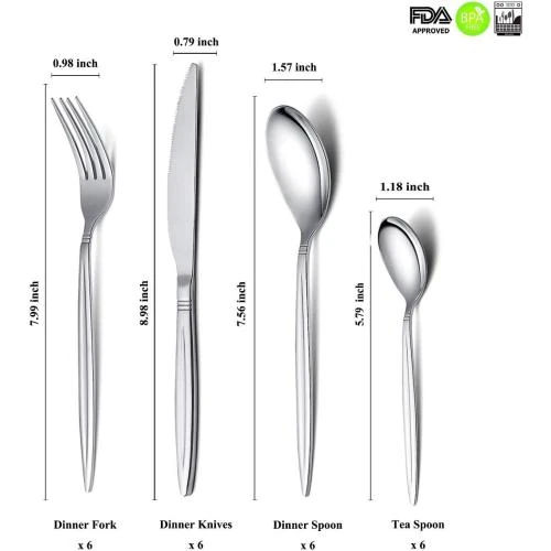 Détail de Couverts Argent, 24 Pièces, Ustensiles Acier Inoxydable