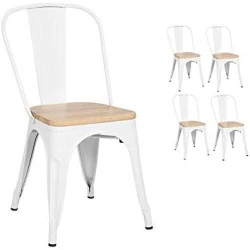 Chaises Kosmi Industrielles: Lot de 4, Métal Blanc, Bois Clair