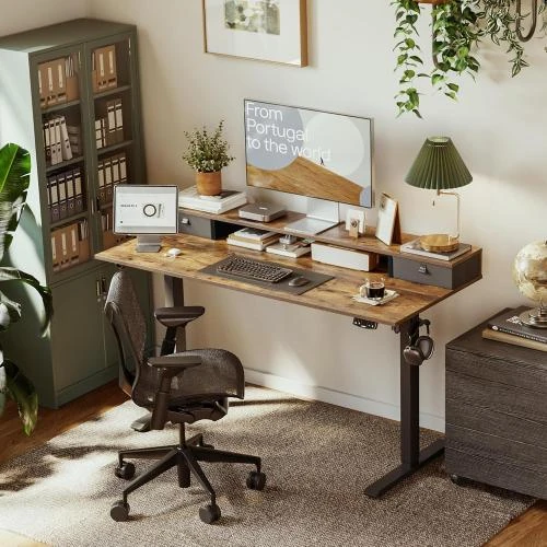 Détail de Bureau électrique Agilestic debout, 2 tiroirs, marron rustique