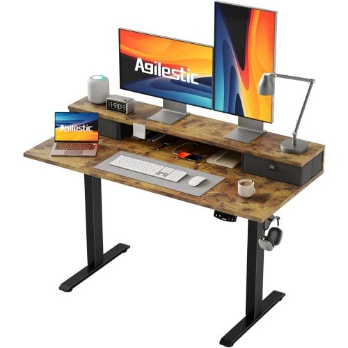Bureau électrique Agilestic debout, 2 tiroirs, marron rustique - Vue principale