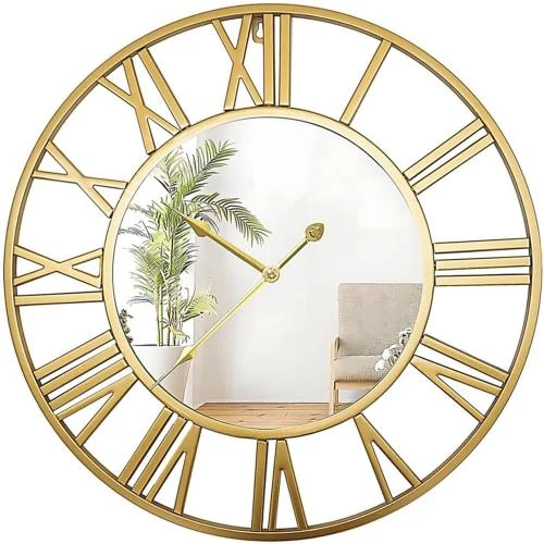 Horloge Murale Métal Vintage Dorée, Miroir, Silencieuse, Ronde - Vue principale