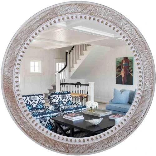 Miroir rond rustique Decointo, cadre bois, perles blanches - Vue principale