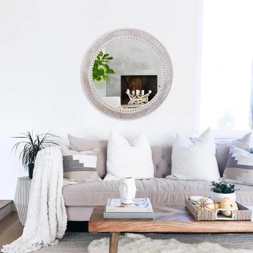 Zoom sur Miroir rond rustique Decointo, cadre bois, perles blanches