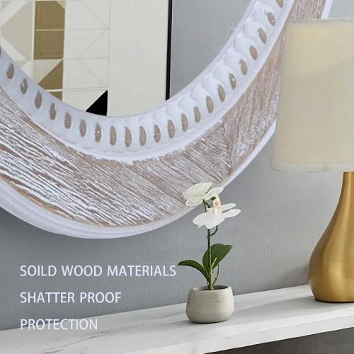 Détail de Miroir rond rustique Decointo, cadre bois, perles blanches
