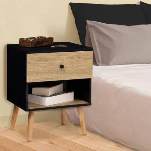 Détail de Tables de Chevet Emmie IDMarket, 2 unités, Noir, Hêtre