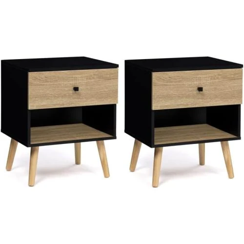 Tables de Chevet Emmie IDMarket, 2 unités, Noir, Hêtre - Vue principale