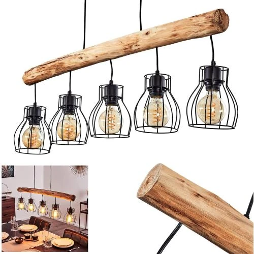 Suspension Gondo Hofstein, lampe métal bois noir marron - Vue principale